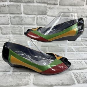 BCBGirls IZZIE Women's 9 Patent Leather Color Block Multi-Color Vintage Wedges